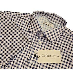 NWT Collars & Co Mens M Dress Collar Polo Shirt Navy Gingham Performance
